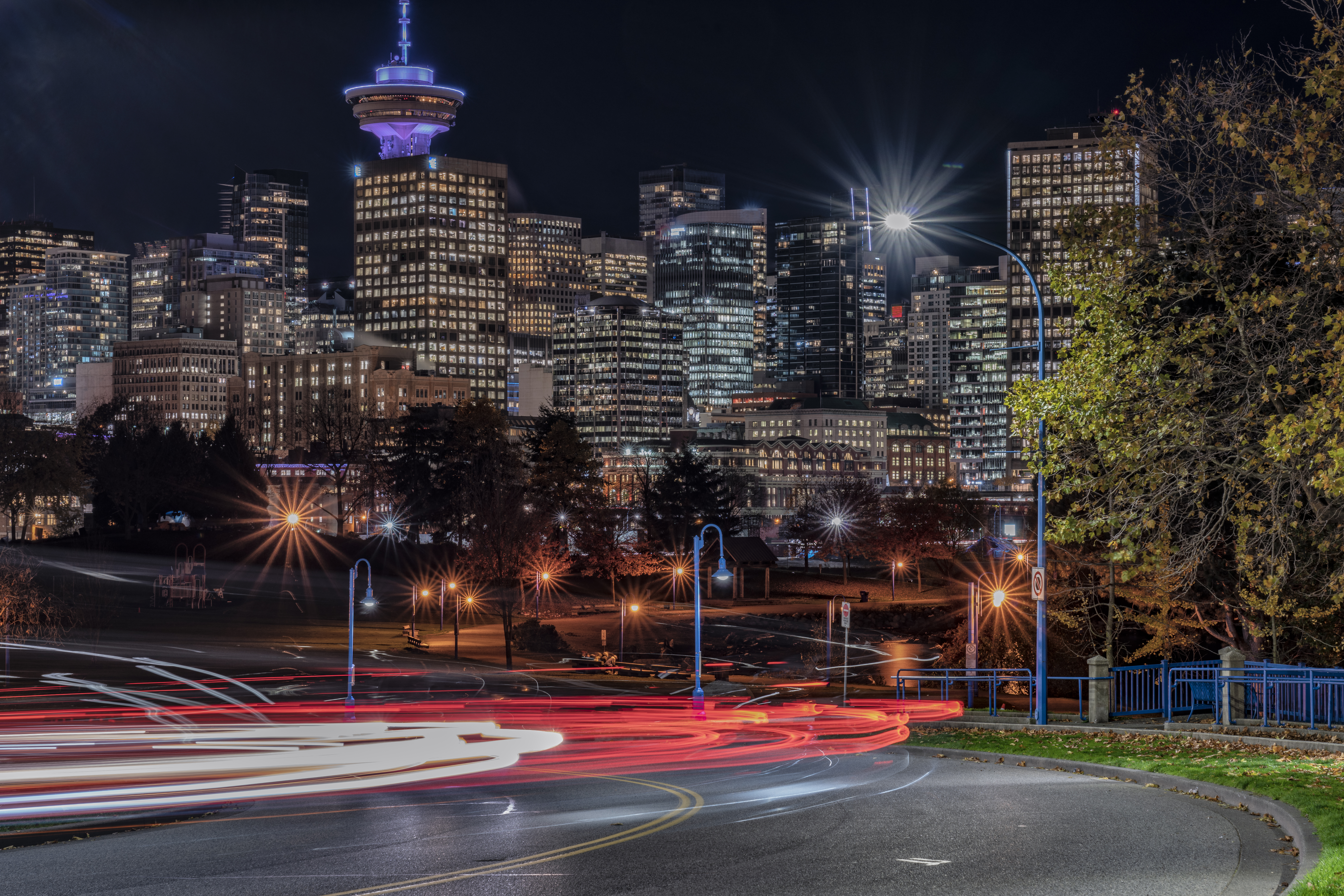 Traffic flows into downtown Vancouver at night. Cars are a major source of urban noise pollution, a serious public health threat that experts say needs much more attention to solve.