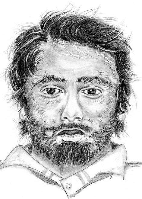A sketch of a man who was found dead in the ditch of a rural road near the Rabbit Hill Snow Resort south of Edmonton, Alta. on Thursday, Feb. 10, 2022.