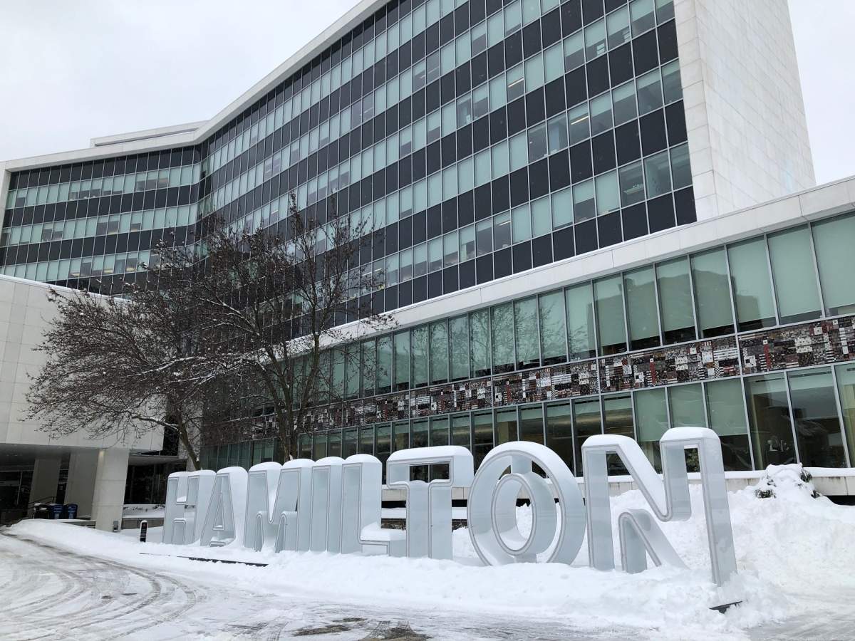 Hamilton city hall on a wintry day.