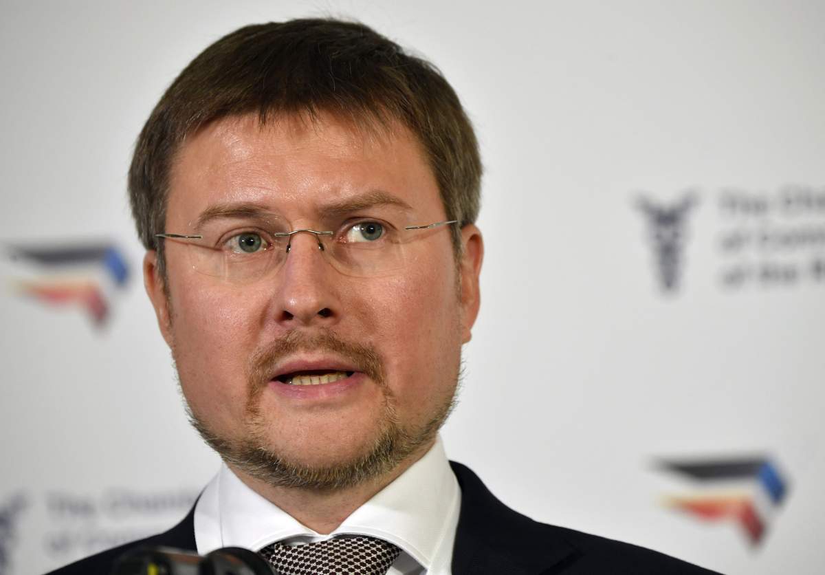 Russian diamond mining company Alrosa’s CEO Sergei Ivanov Jr, a son of the former head of the Kremlin administration, talks to media during an Angola-Russia business forum in Moscow on April 3, 2019. (Photo by Alexander NEMENOV / AFP)