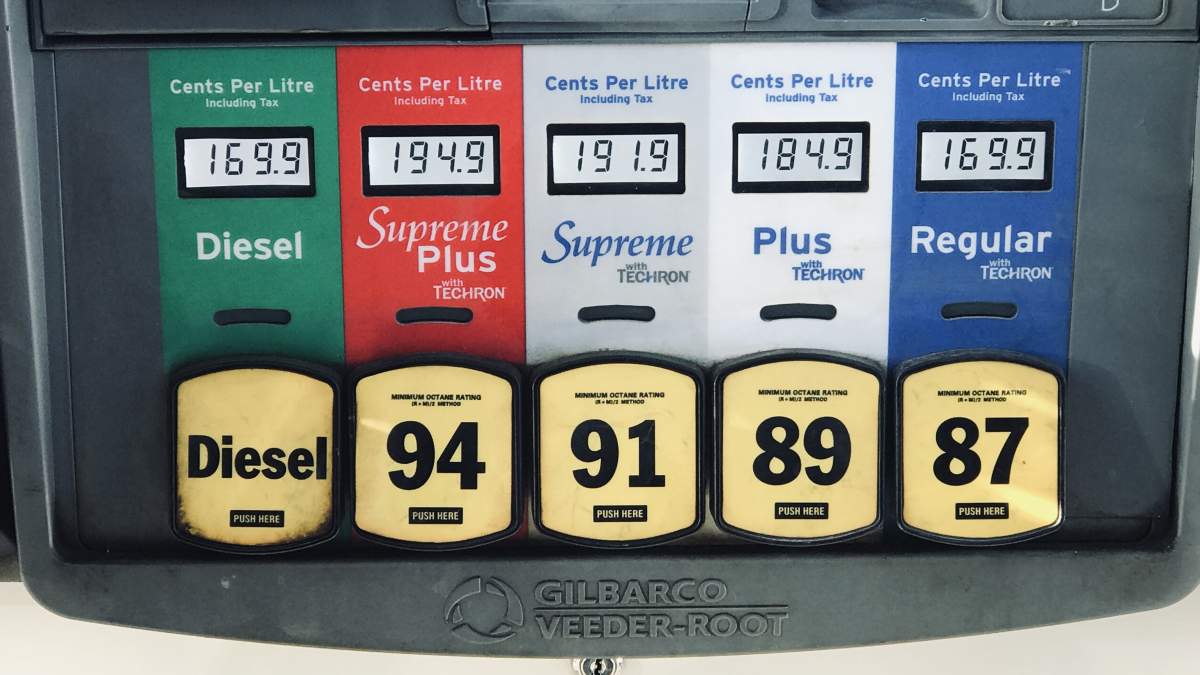 Gas prices at another Kelowna gas station, showing prices from $1.699 a litre to $1.949 a litre.