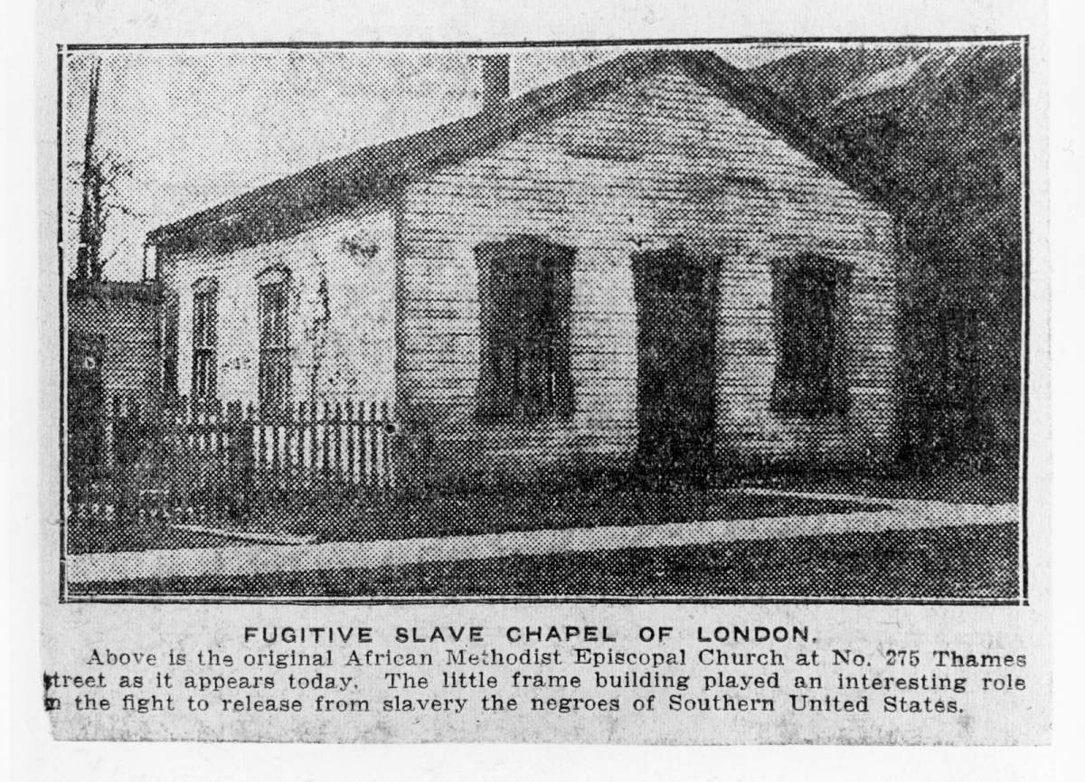A clipping from the May 8, 1926, edition of the London Advertiser showing the former African Methodist Episcopal Church on Thames Street. The church, also known as the Fugitive Slave Chapel, was relocated in 2014.