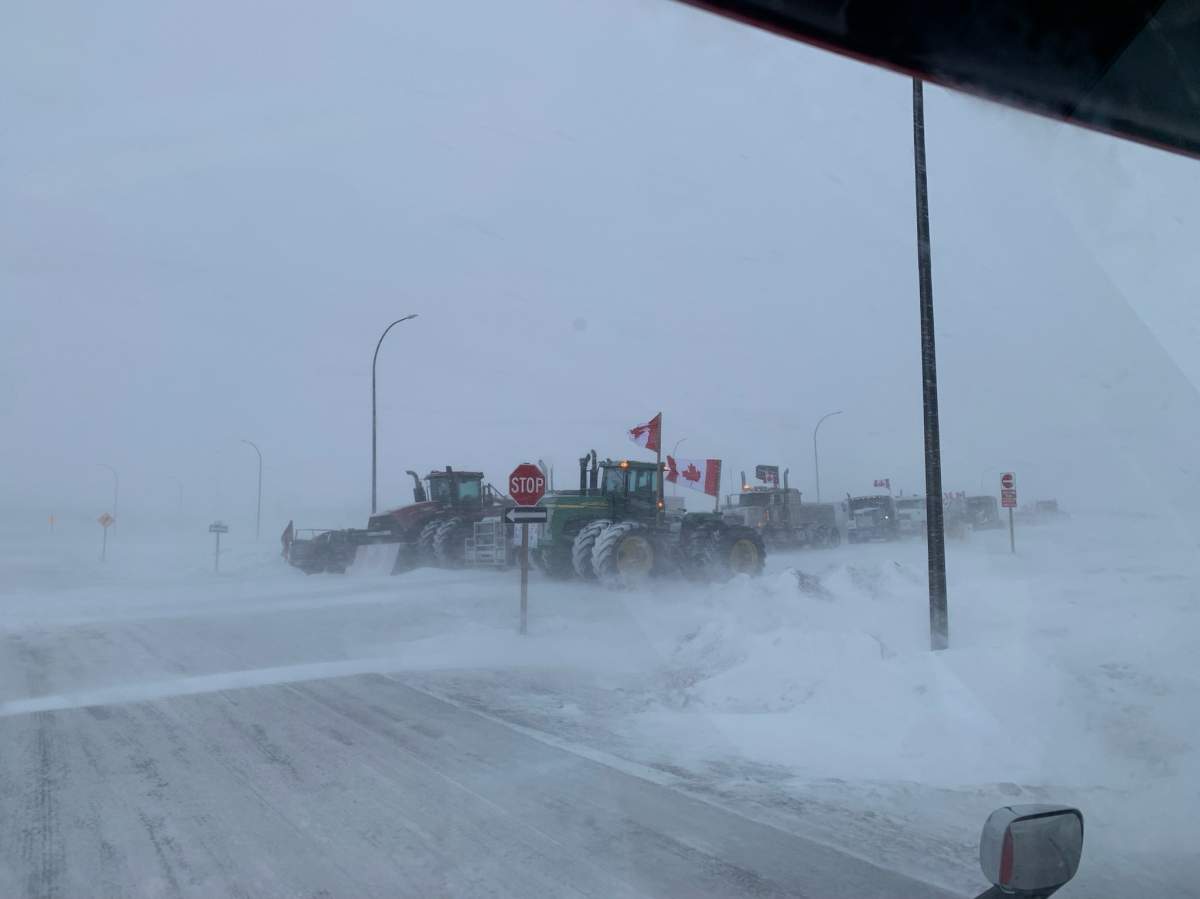 A driver’s view of vehicles blocking the Emerson, Man., border crossing Thursday morning.