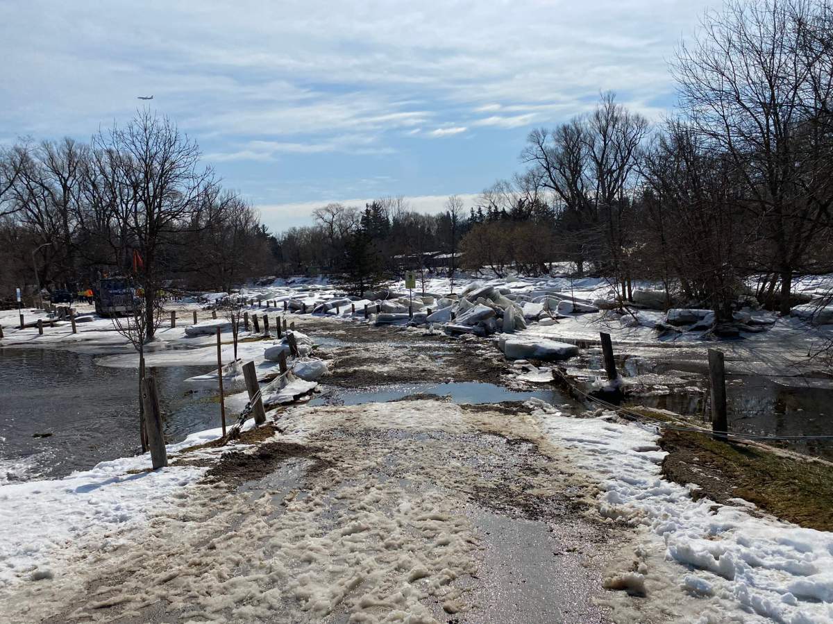 The aftermath of flooding in Brampton near the Credit River on Feb. 21, 2022.