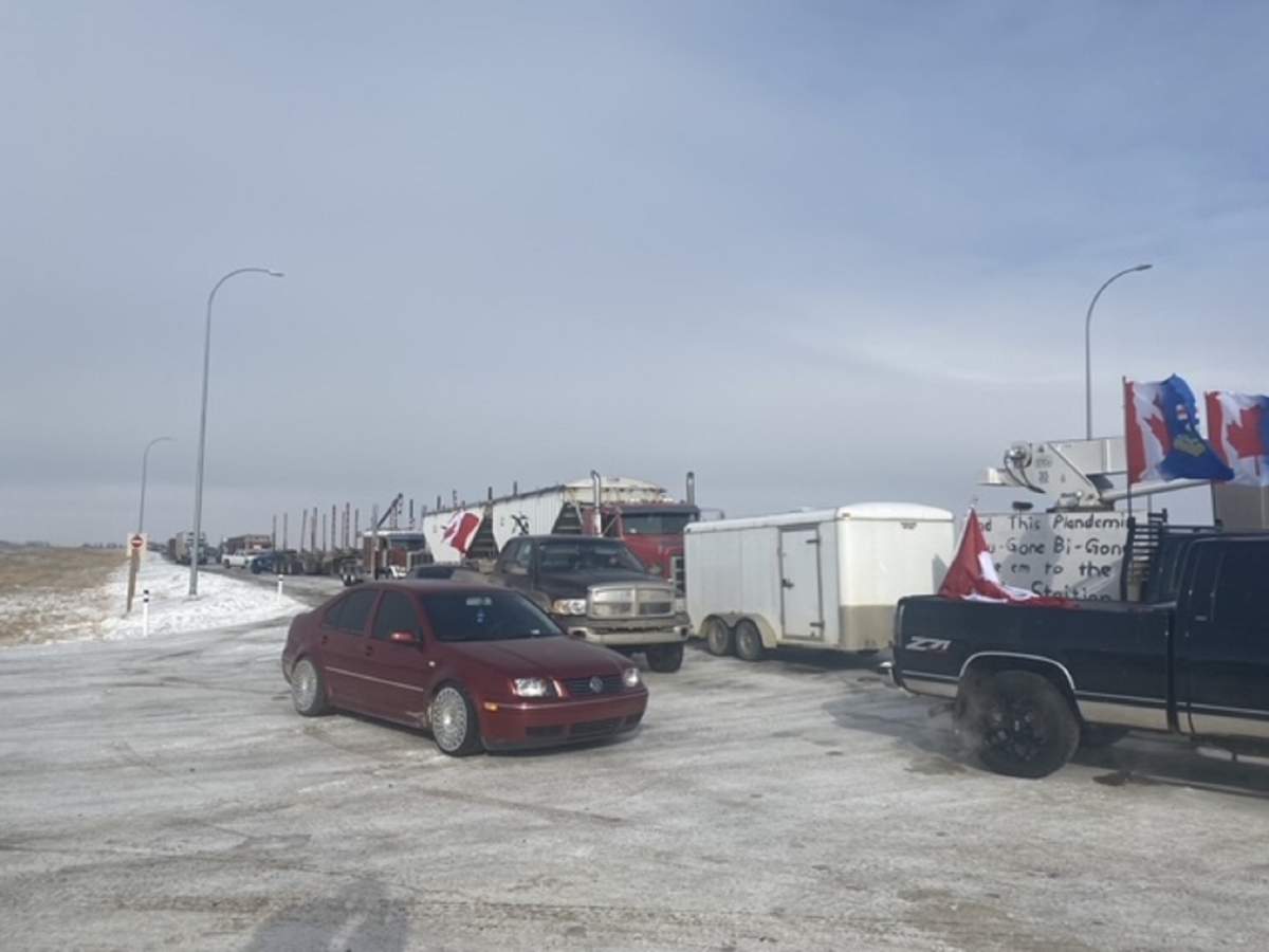 A new blockade was set up near the Coutts border crossing on Day 6 of the protest Thursday, Feb. 3, 2022.