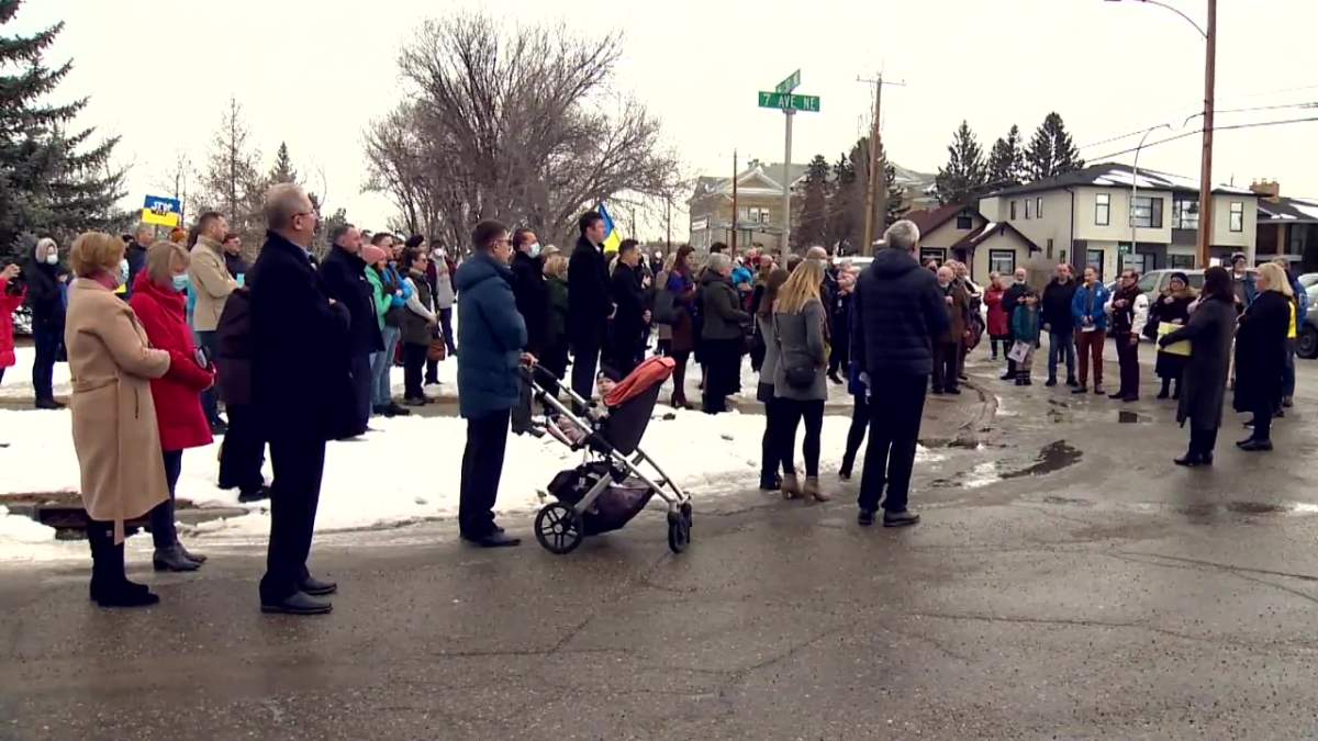 A group of Calgarians gather near a Bridgeland Ukrainian church to show solidarity with congregants Feb. 27, 2022.
