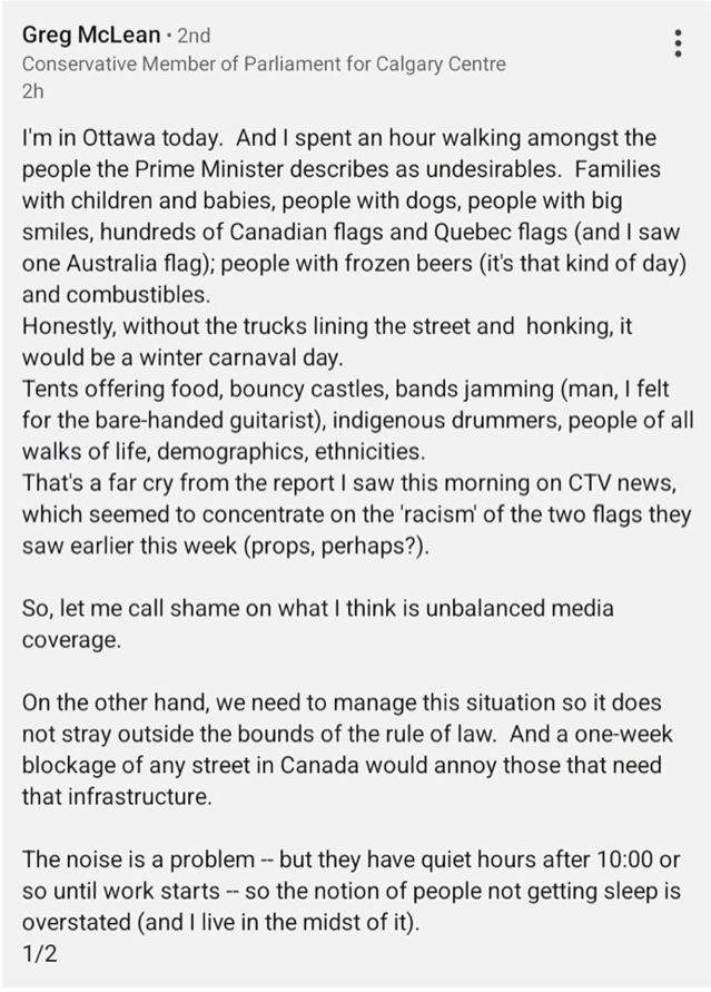Calgary-Centre Conservative MP Greg McLean’s original post on the Ottawa truck protest.
