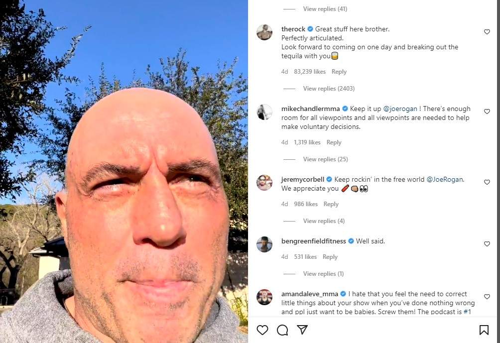 a screengrab from Joe Rogan's instagram account show's Dwayne Johnson's comment of support