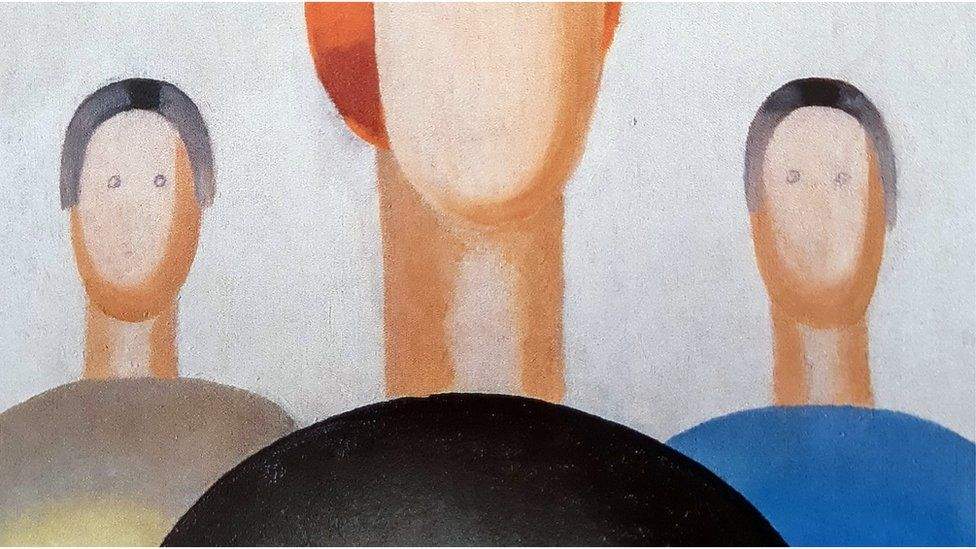 Two of the usually faceless figures in the Anna Leporskaya painting had eyes drawn on with a ballpoint pen.
