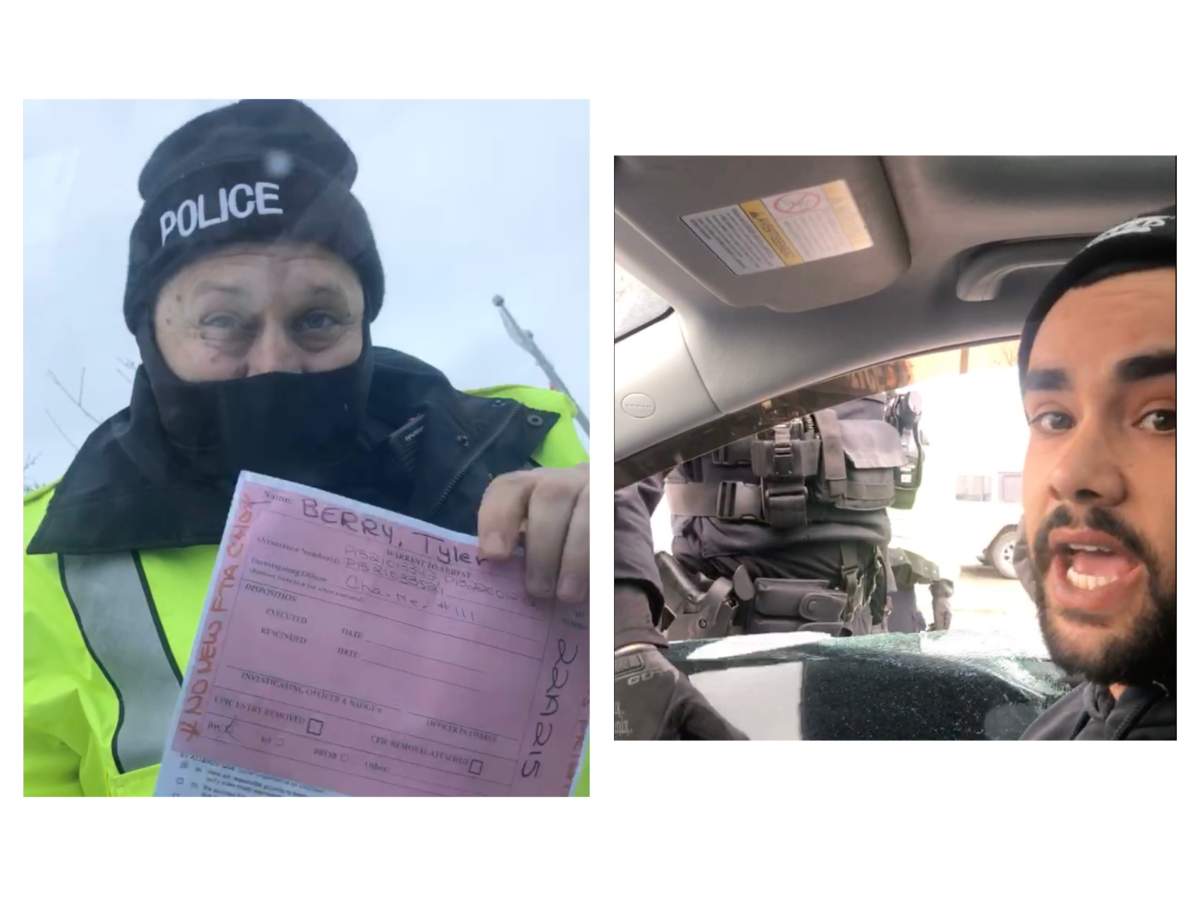 A Peterborough Police Service officer shows an arrest warrant for Tyler Berry. Berry reacts after an office breaks a window after he refused to exit the vehicle.