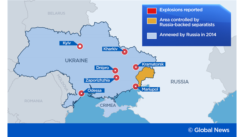 A map indicating cities in Ukraine that have reportedly been attacked by the Russian military.