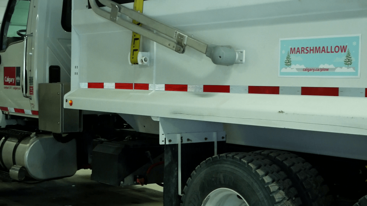A Calgary snow plow with the new name "Marshmallow"