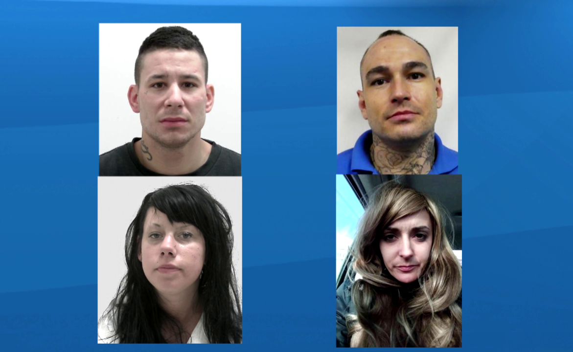 Top row: Jason Johnson, 32, and Justin Urban, 31. Bottom row: Sharlee Rennie, 24, and a woman police say is connected to a vehicle involved the suspicious death.