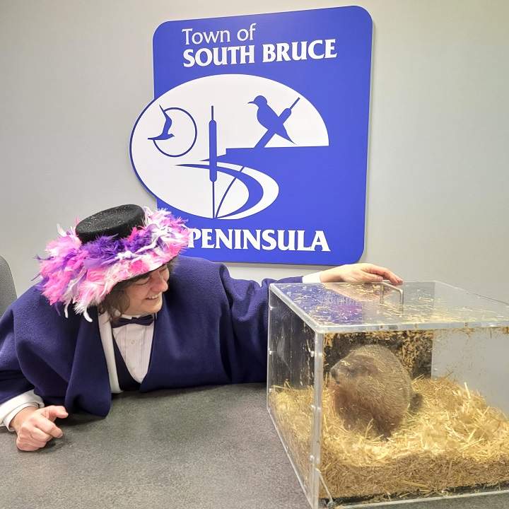 Ontario’s groundhog Wiarton Willie with South Bruce Peninsula Mayor Janice Jackson.
