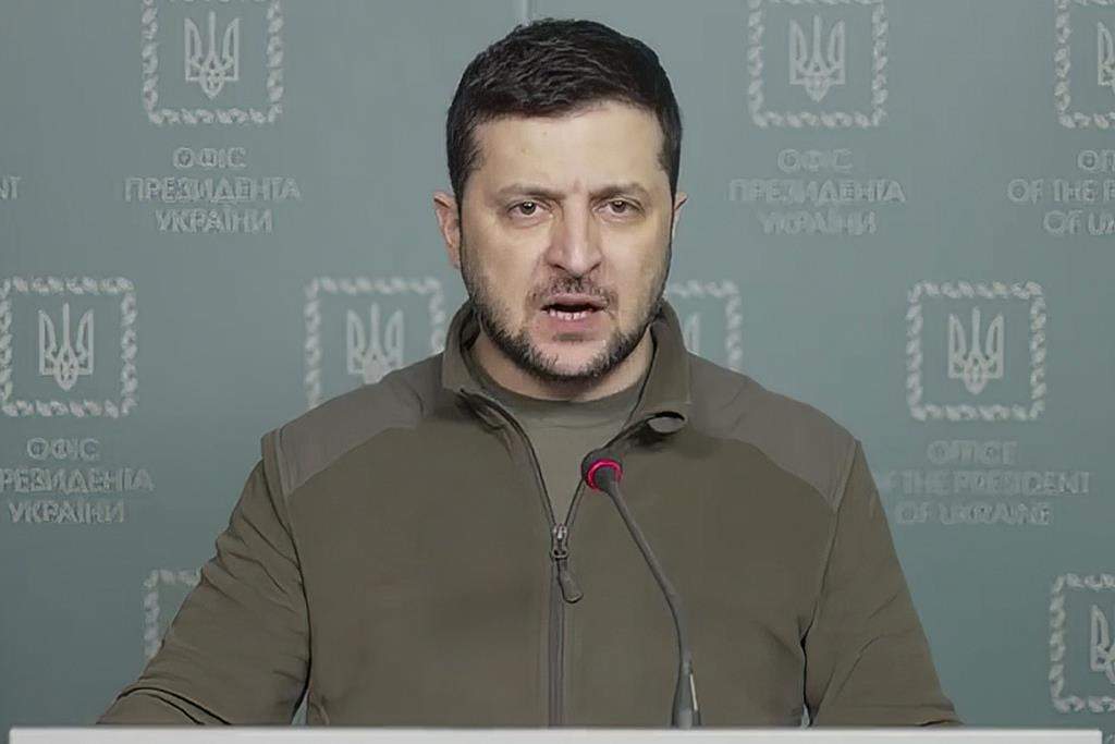 In this image from video provided by the Ukrainian Presidential Press Office and posted on Facebook Tuesday, March 15, 2022, Ukrainian President Volodymyr Zelenskyy speaks in Kyiv, Ukraine. (Ukrainian Presidential Press Office)