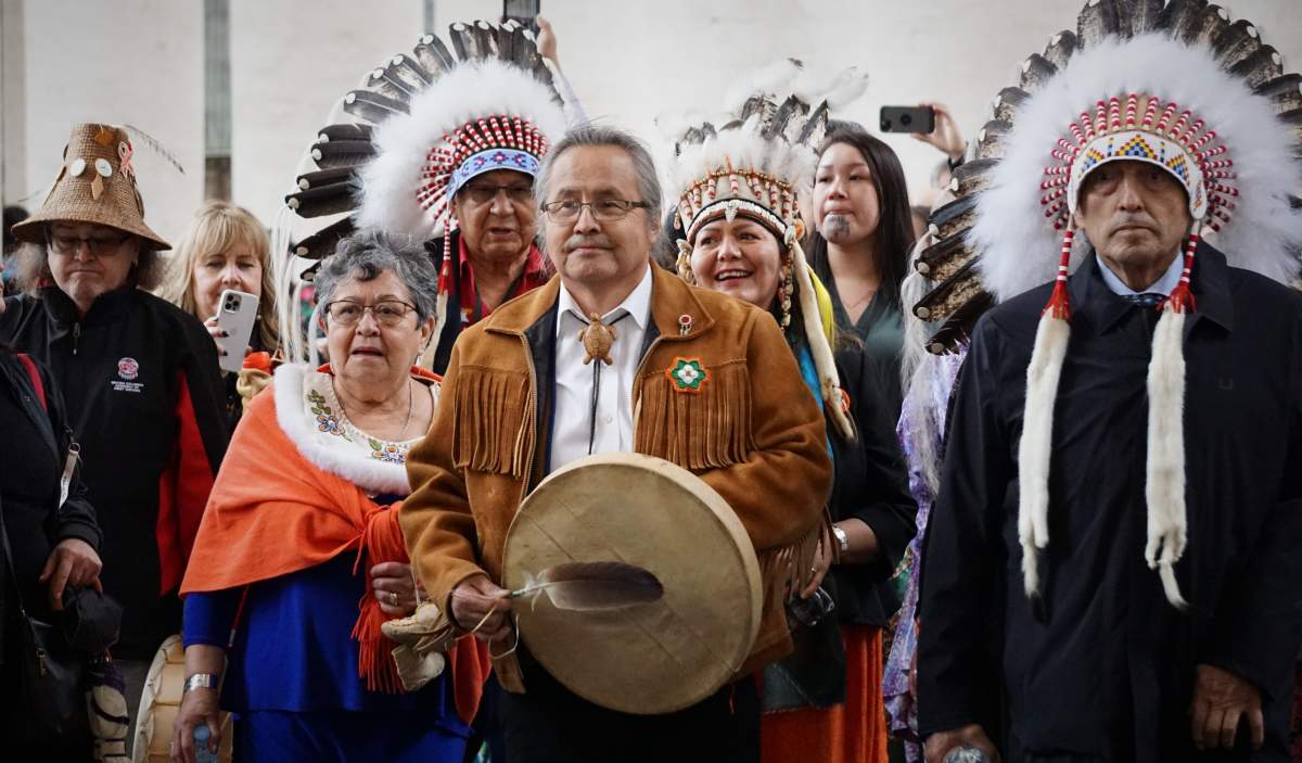 Assembly of First Nations Regional Chief for the Northwest Territories Gerald Antoine (centre) leads a procession of First Nations delegates out of the Vatican after a positive meeting with Pope Francis on Thurs. March 31, 2022. He is flanked by Yukon delegate Adeline Webber and Manitoba delegate Phil Fontaine.