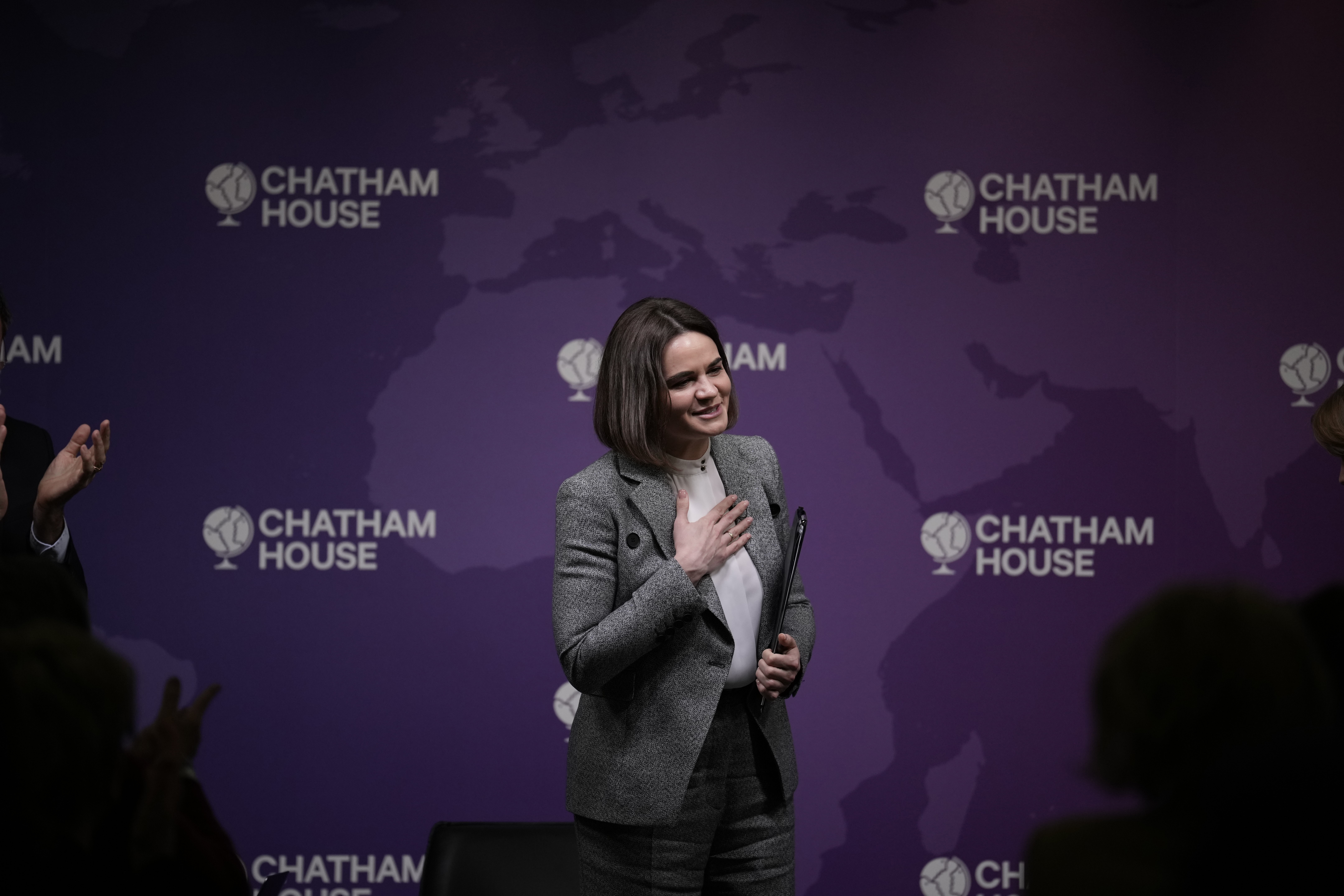 Exiled leader of the opposition Belarusian democratic movement Sviatlana Tsikhanouskaya, at the Chatham House policy institute, in London, Thursday, March 10, 2022.