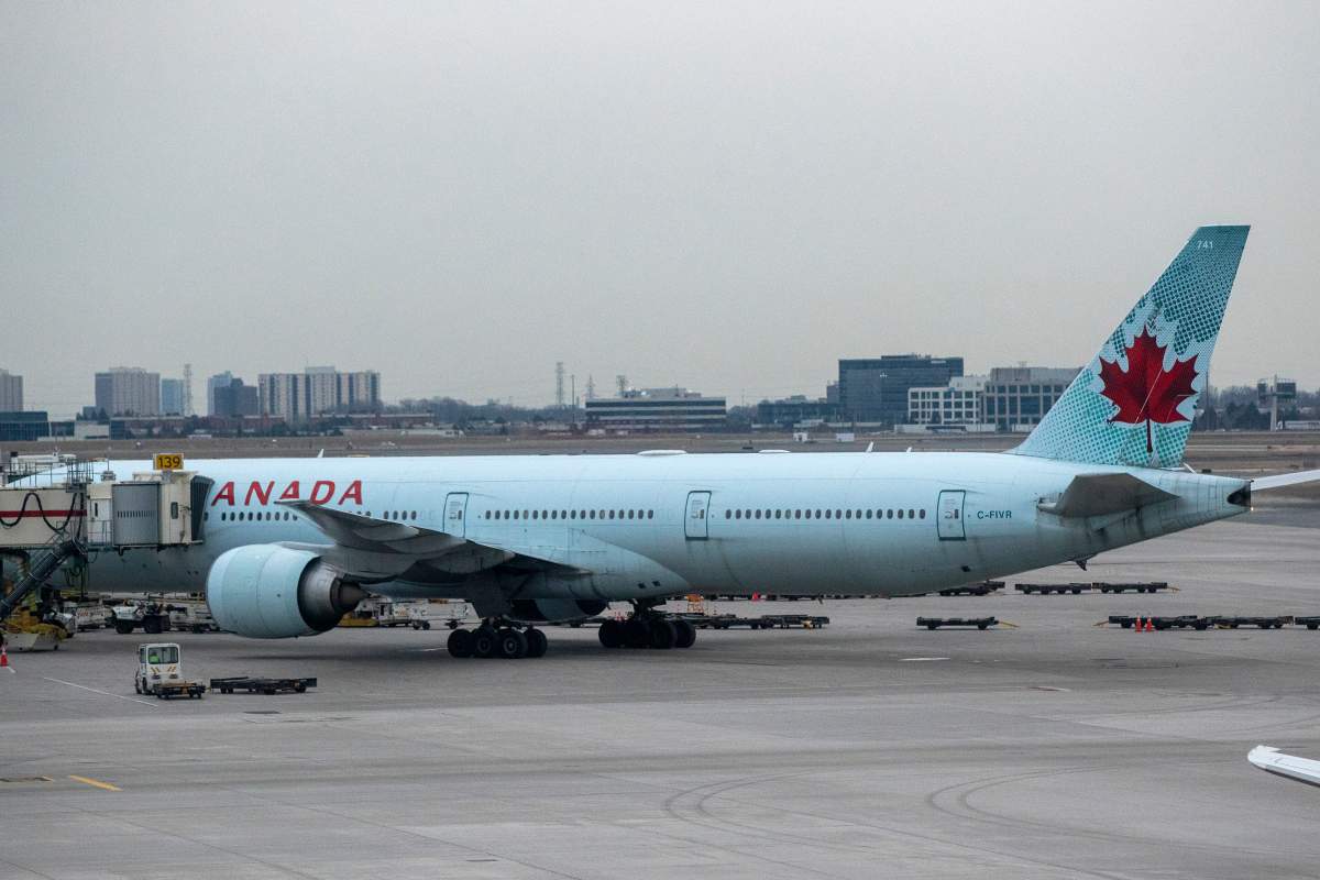 Air Canada C-Fivr stands on the tarmac at Toronto Pearson International airport in Toronto, Ontario on Friday March 18, 2022. 