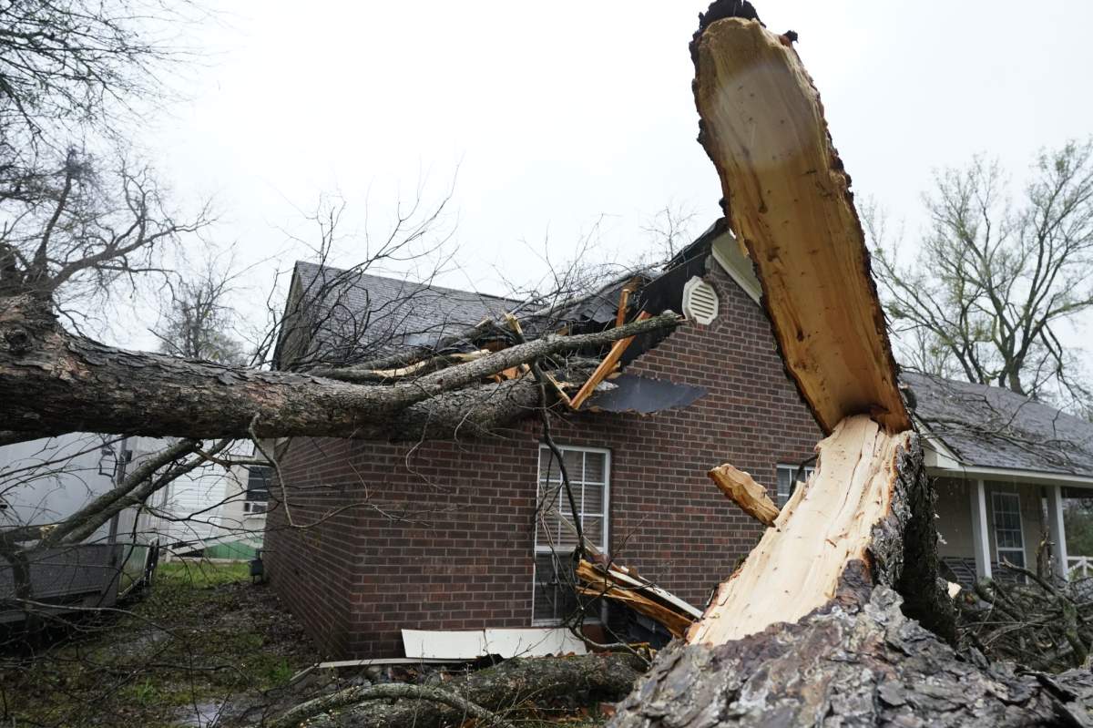 Strong winds toppled a tree onto a house, causing part of the roof and exterior wall to collapse, Tuesday, March 22, 2022, in Edwards, Miss. The damage mirrored similar situations throughout Mississippi as severe weather including tornadoes raced across the state. (AP Photo/Rogelio V. Solis)