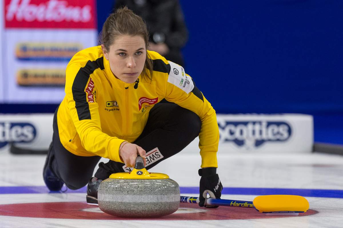 Team Sweden skip Anna Hasselborg throws a stone in the bronze medal game against Team Canada at CN Centre during the Women’s World Curling in Prince George, B.C., on Sunday, March 27, 2022.