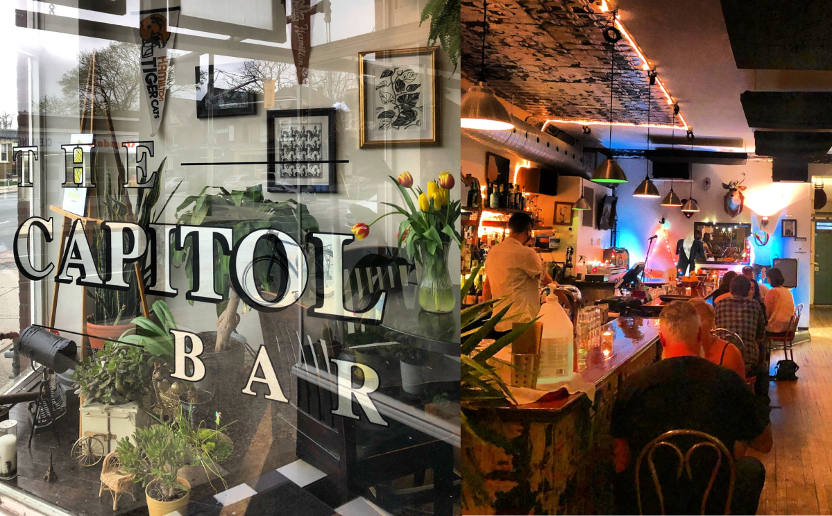 Two photos side-by-side of The Capitol Bar in east Hamilton (one exterior, one interior)