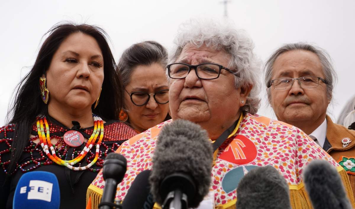 Chief Marie-Anne Day Walker-Pelletier of Okanese First Nation speaks in front of St. Peter's Square after meeting Pope Francis with her fellow First Nations delegates on Thurs. March 31, 2022.