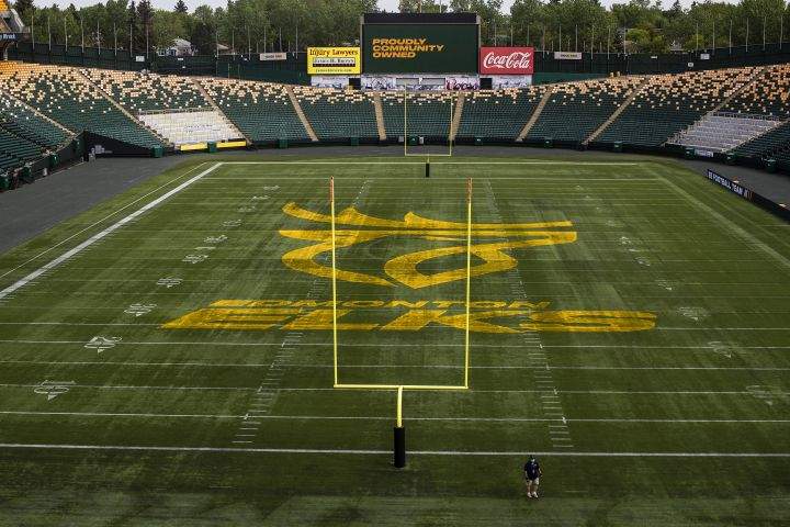 The Edmonton Eskimos unveil their new name and logo, the Edmonton Elks, at Commonwealth Stadium in Edmonton, on Tuesday, June 1, 2021. 