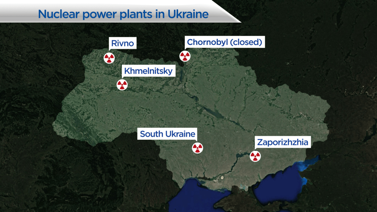 A graphic outlining where Ukraine’s nuclear power plants are located across the country.