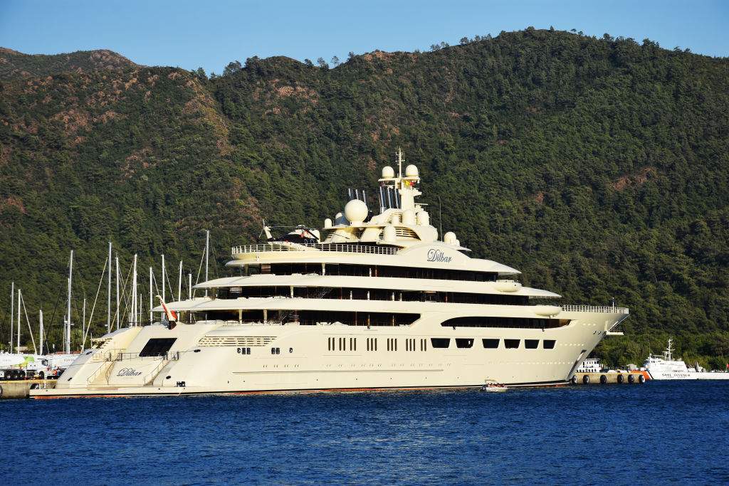 A superyacht named Dilbar belonging to Uzbek-born Russian business-magnate Alisher Usmanov is seen refueling by a tanker in Mugla, Turkey.