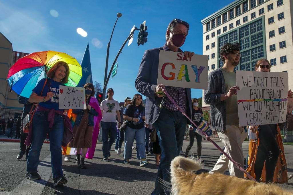 LGBTQ employees and their supporters walkout of Disney Animation protesting CEO Bob Chapek's handling of the staff controversy over Florida's "Don't Say Gay" bill, aka the "Parental Rights in Education" bill, in Burbank, CA.