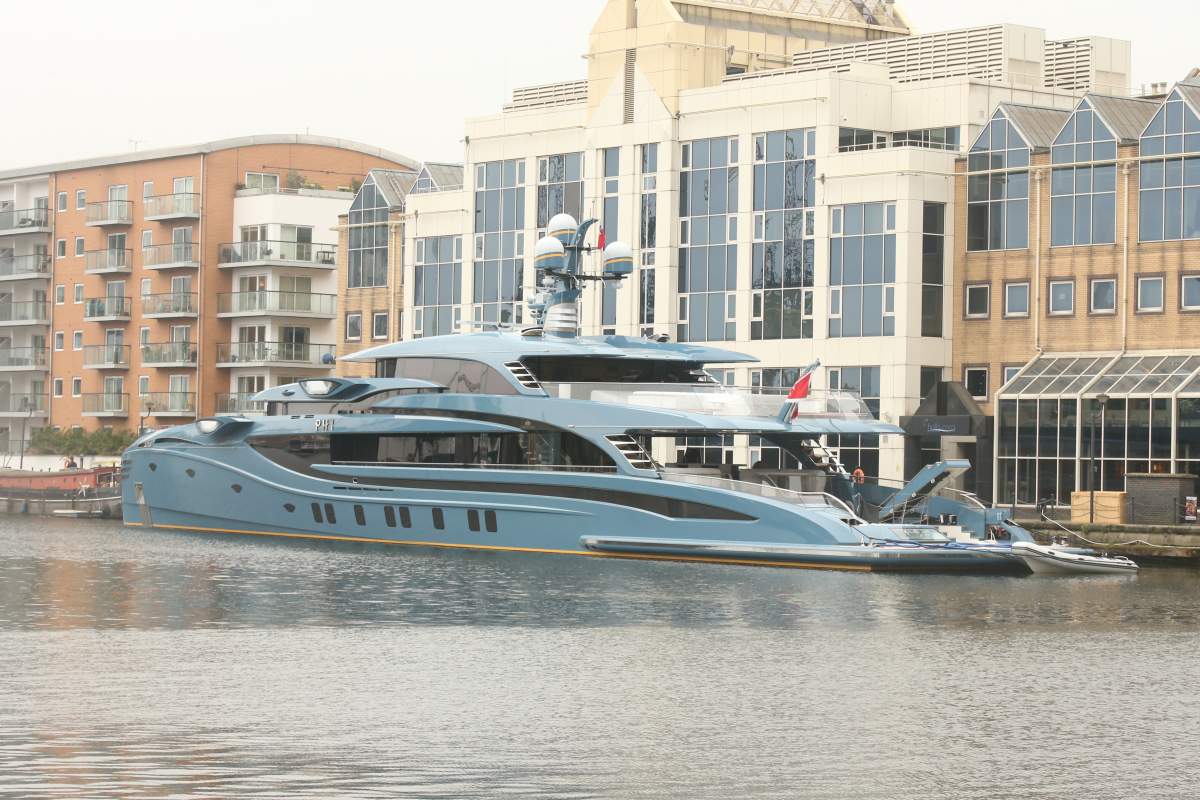 The superyacht Phi owned by a Russian businessman in Canary Wharf, east London which has been detained as part of sanctions against Russia.