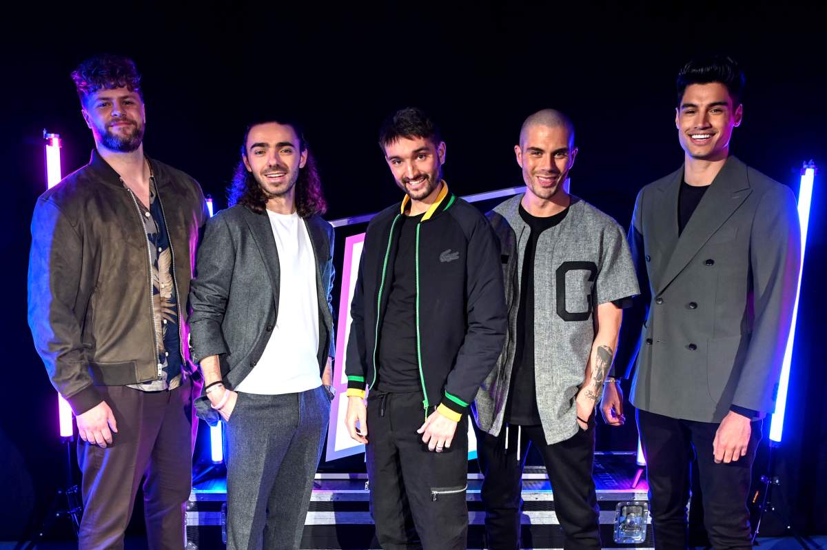 Jay McGuiness, Nathan Sykes, Tom Parker, Max George and Siva Kaneswaran of The Wanted during HITS Radio's HITS Live 2021 at Resorts World Arena on November 20, 2021 in Birmingham, England.