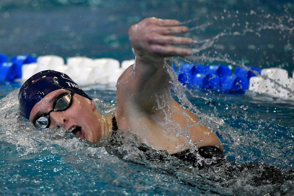 Lia Thomas swims to victory in the 500-yard freestyle during the 2022 NCAA Division I Women's Swimming & Diving Championship at the McAuley Aquatic Center.