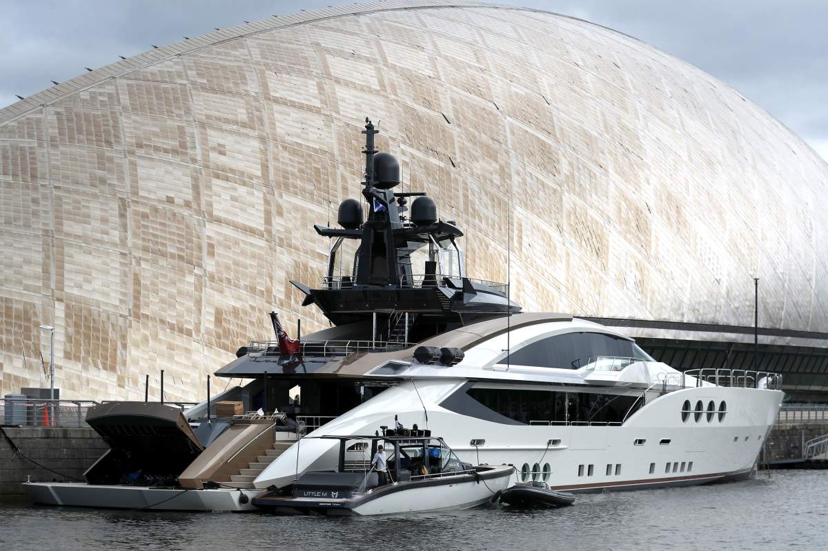 A general view of the superyacht Lady M moored next to the Glasgow Science centre on the River Clyde in Glasgow.