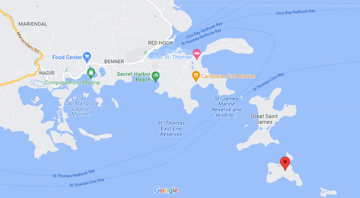 A screenshot of Google Maps that shows the St. James islands and their proximity of St. Thomas in the U.S. Virgin Islands