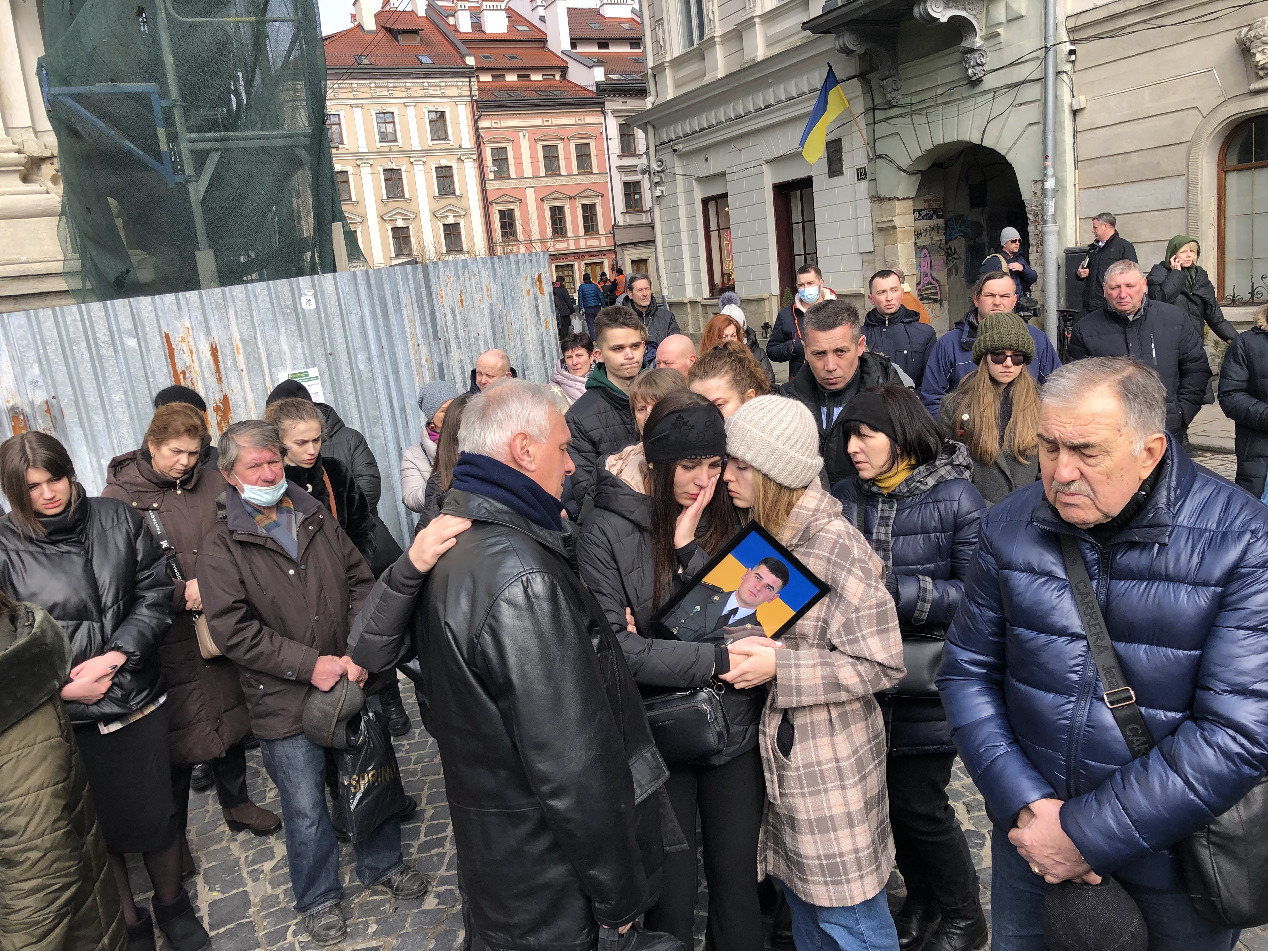 Father and girlfriend of Vasyl Vushuvanyi, a Ukrainian soldier killed March 4, in Lviv, March 9, 2022.