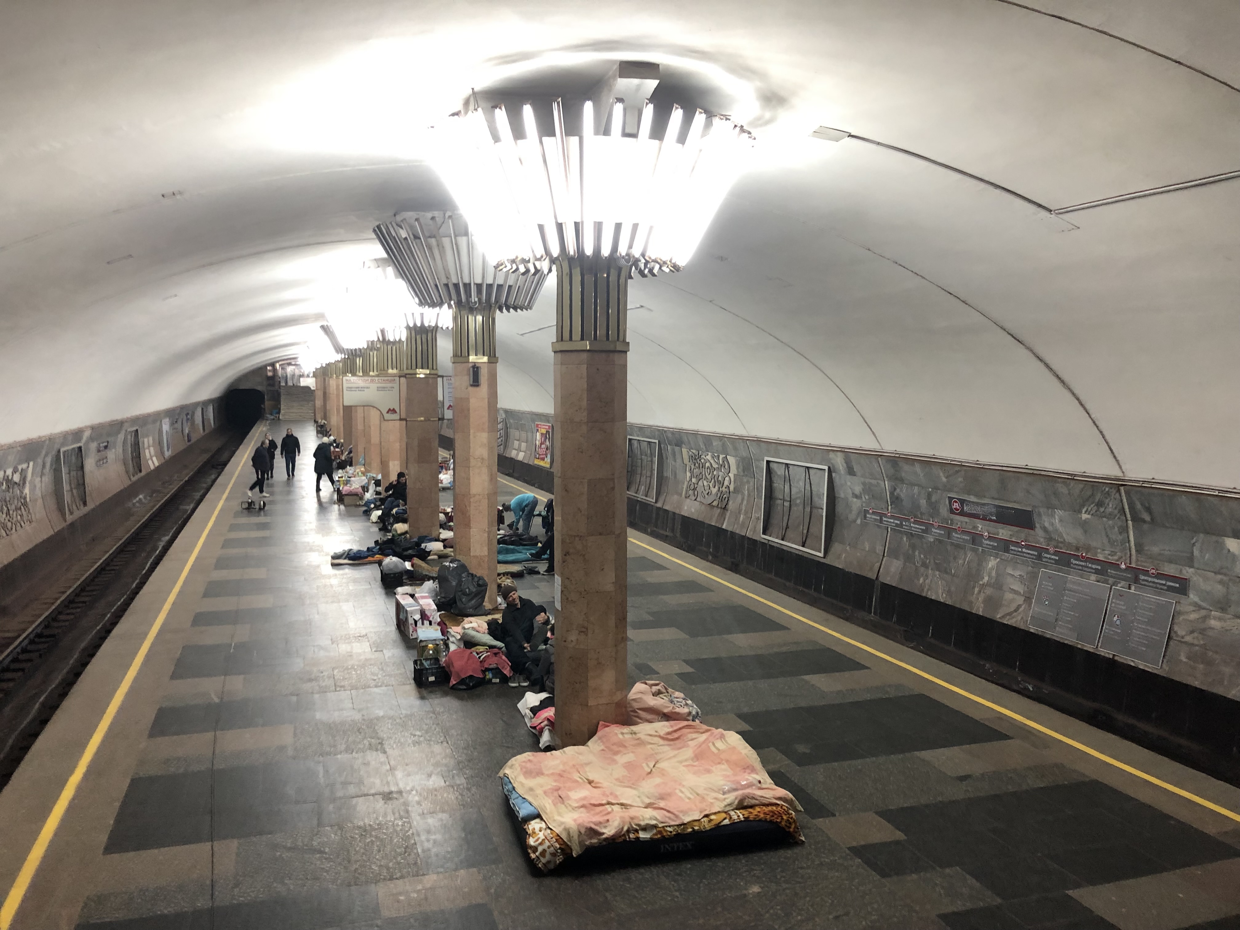 Kharkiv residents whose homes have been destroyed by Russian shelling camp on a subway platform, March 29, 2022.