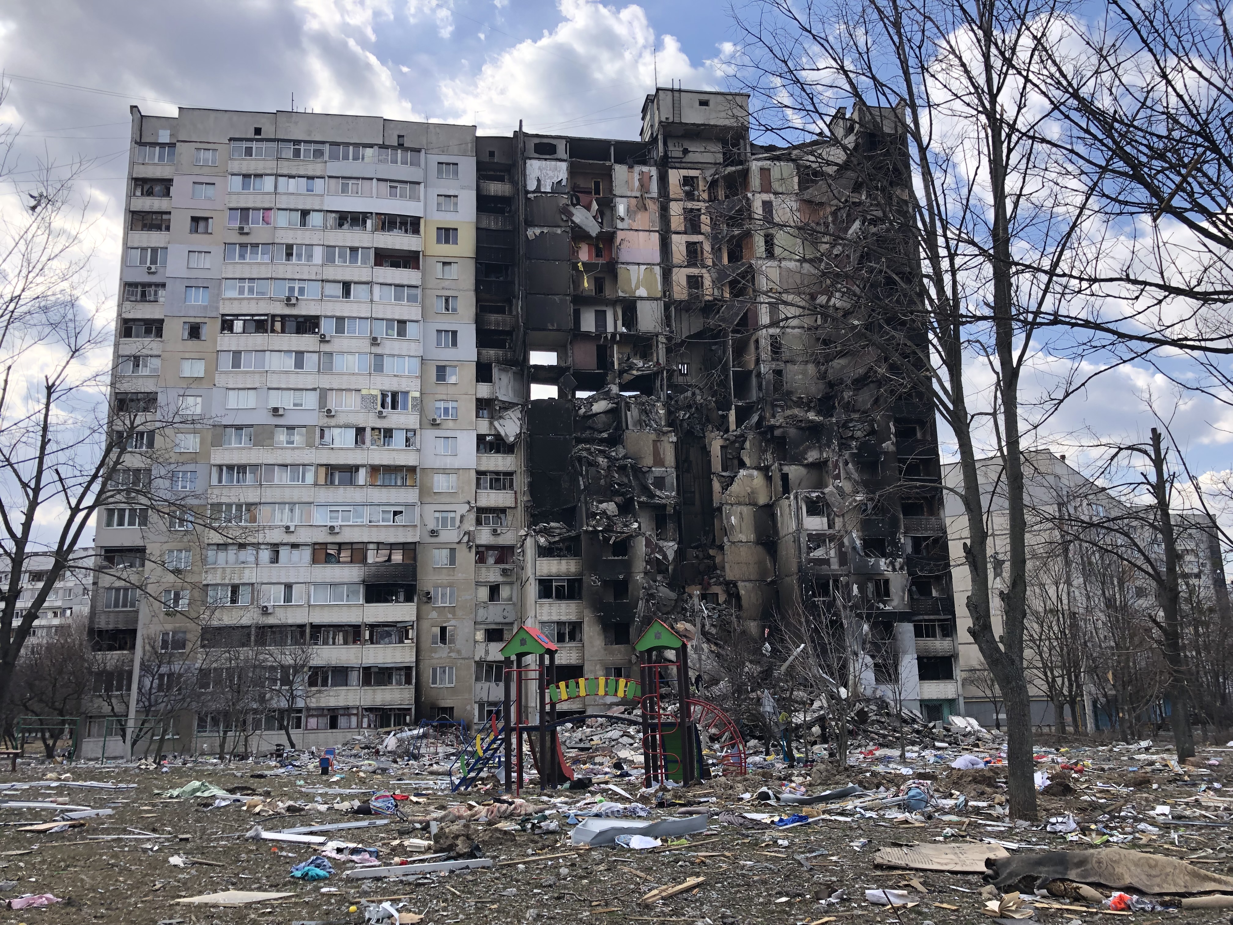 Apartment building destroyed by Russian bombardments in Kharkiv, Ukraine, March 29, 2022.
