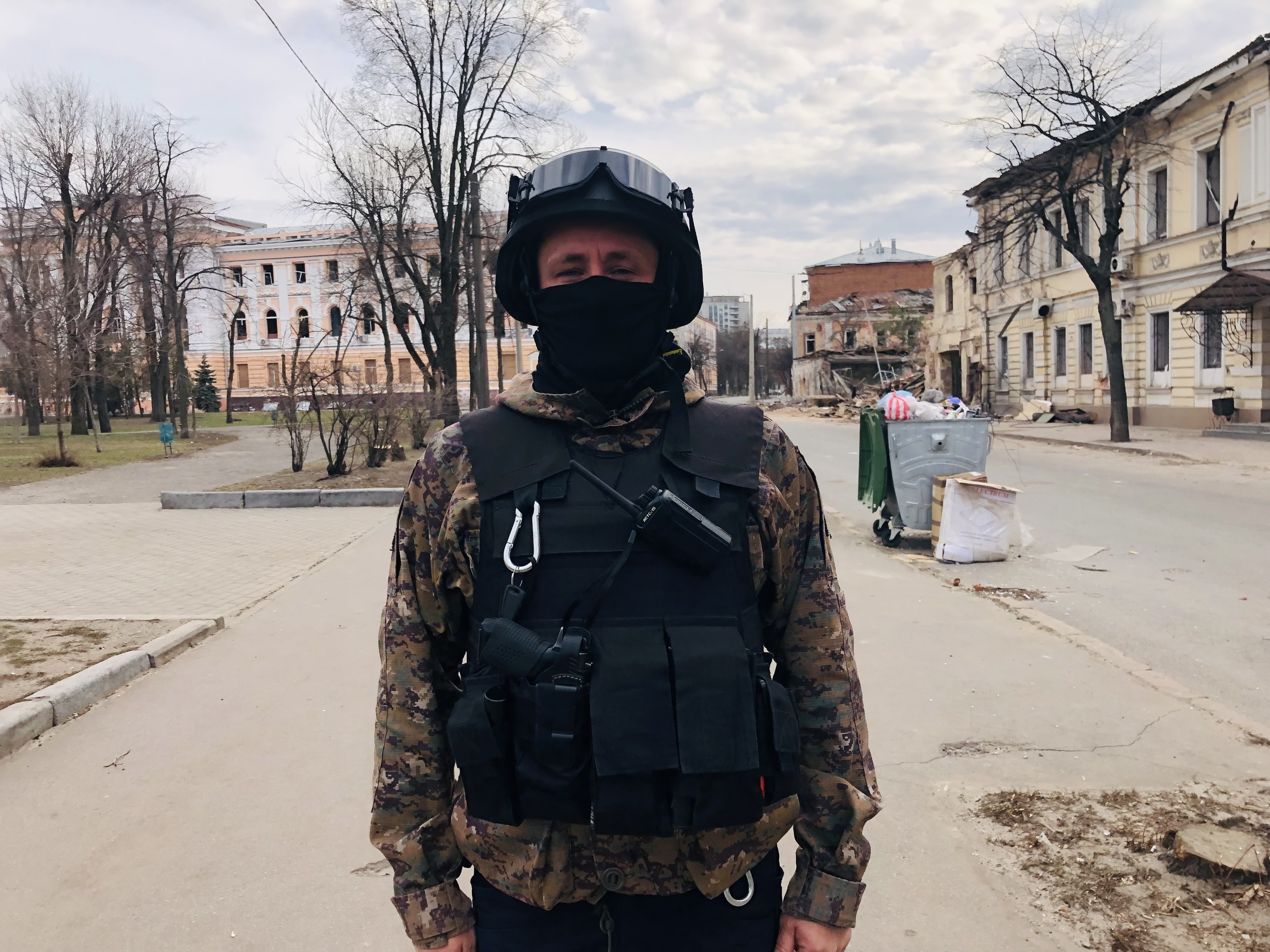 Civil defence member outside the bombed appeals court building in Kharkiv, Ukraine, March 29, 2022.