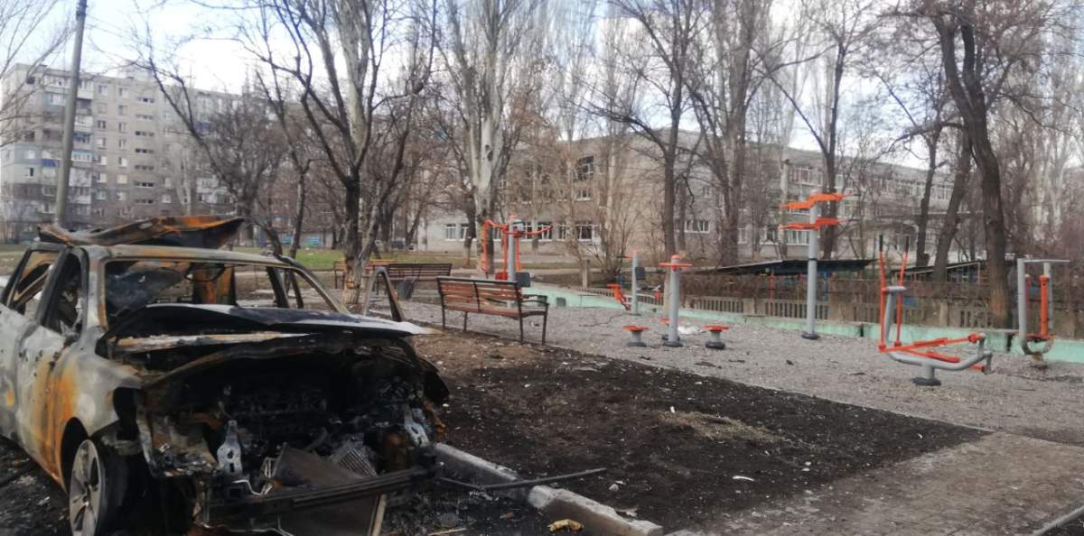 Ruined car in Mariupol, in a photo provided by a refugee who fled the city.