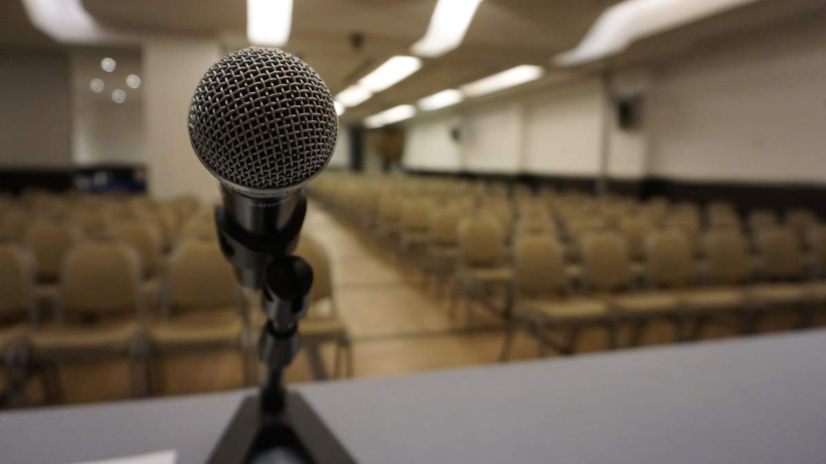 Capacity will be restricted in this room of the Rome hotel where Indigenous delegates will brief international members of the press on their meetings with Pope Francis between March 28 and April 1, 2022. The layout of the room, seen here on March 24, will change to accommodate delegates and reporters.