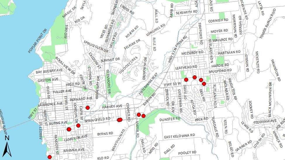 A map of Kelowna showing where some residential fire lockboxes were tampered with.