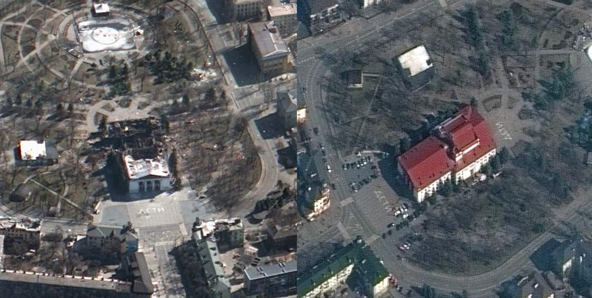Mariupol theatre before and after