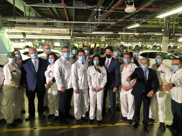 Doug Ford and Justin Trudeau at a Honda plant in Ontario.