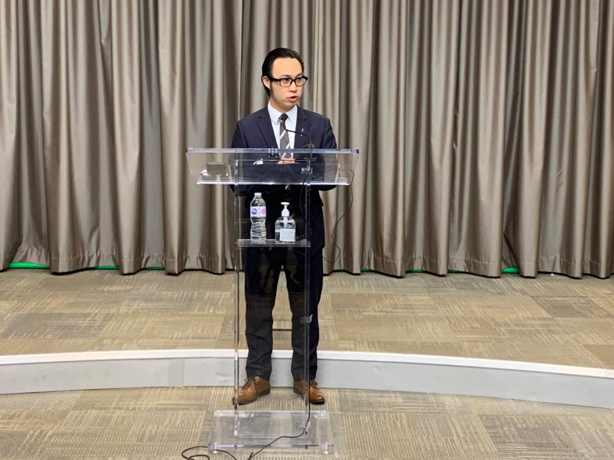 Alberta MLA Thomas Dang speaks to the media in Edmonton Tuesday, March 22, 2022.