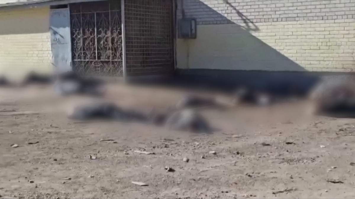 A blurred image shows what appears to be dead bodies on the street near a grocery store in Chernihiv, Ukraine, on March 16, 2022. Ukrainian officials say the dead are civilians who were killed by Russian troops as they stood in line for bread.