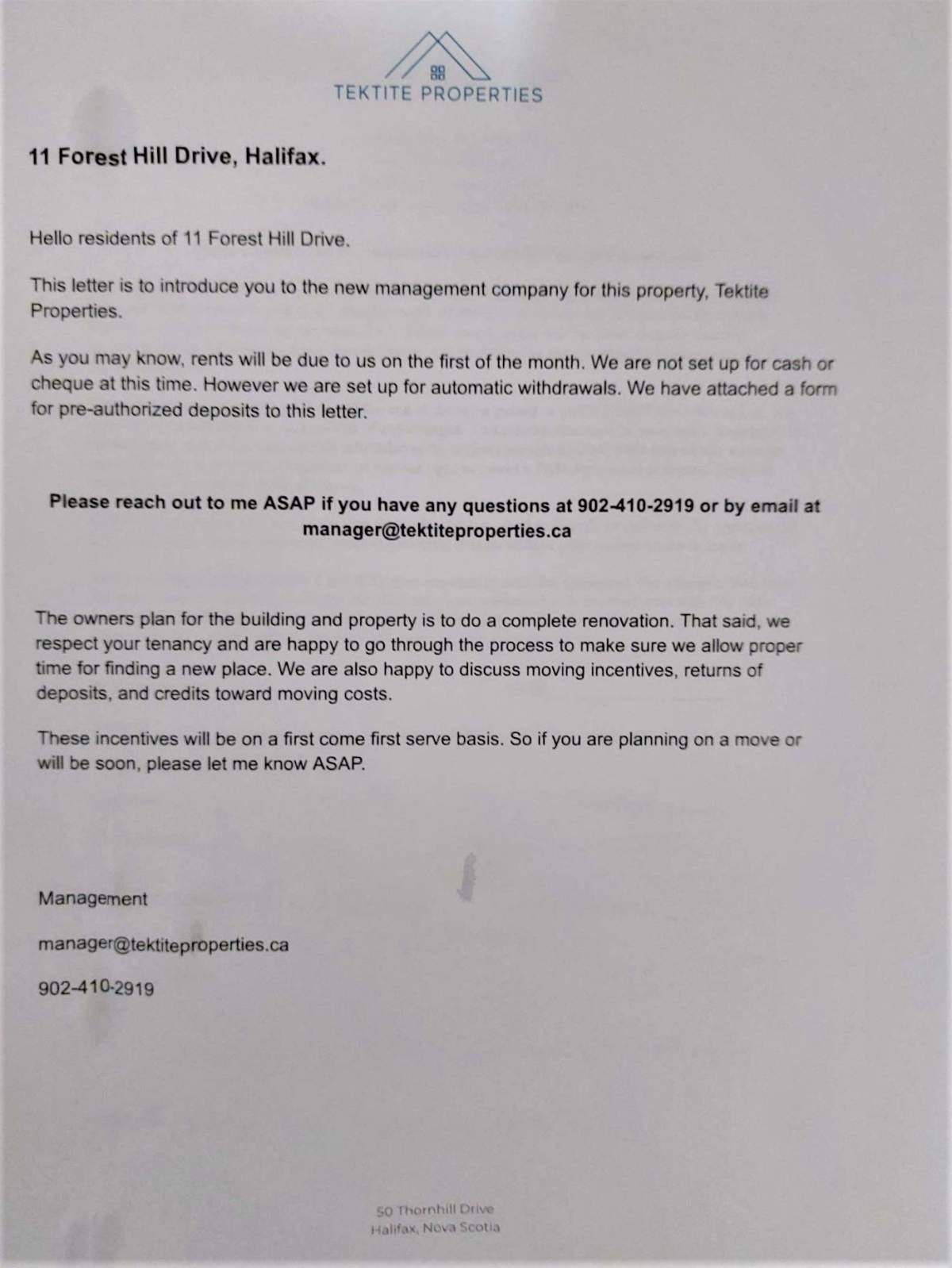 This letter was given to tenants of 11 Forest Hill Drive on Dec. 23, 2021.