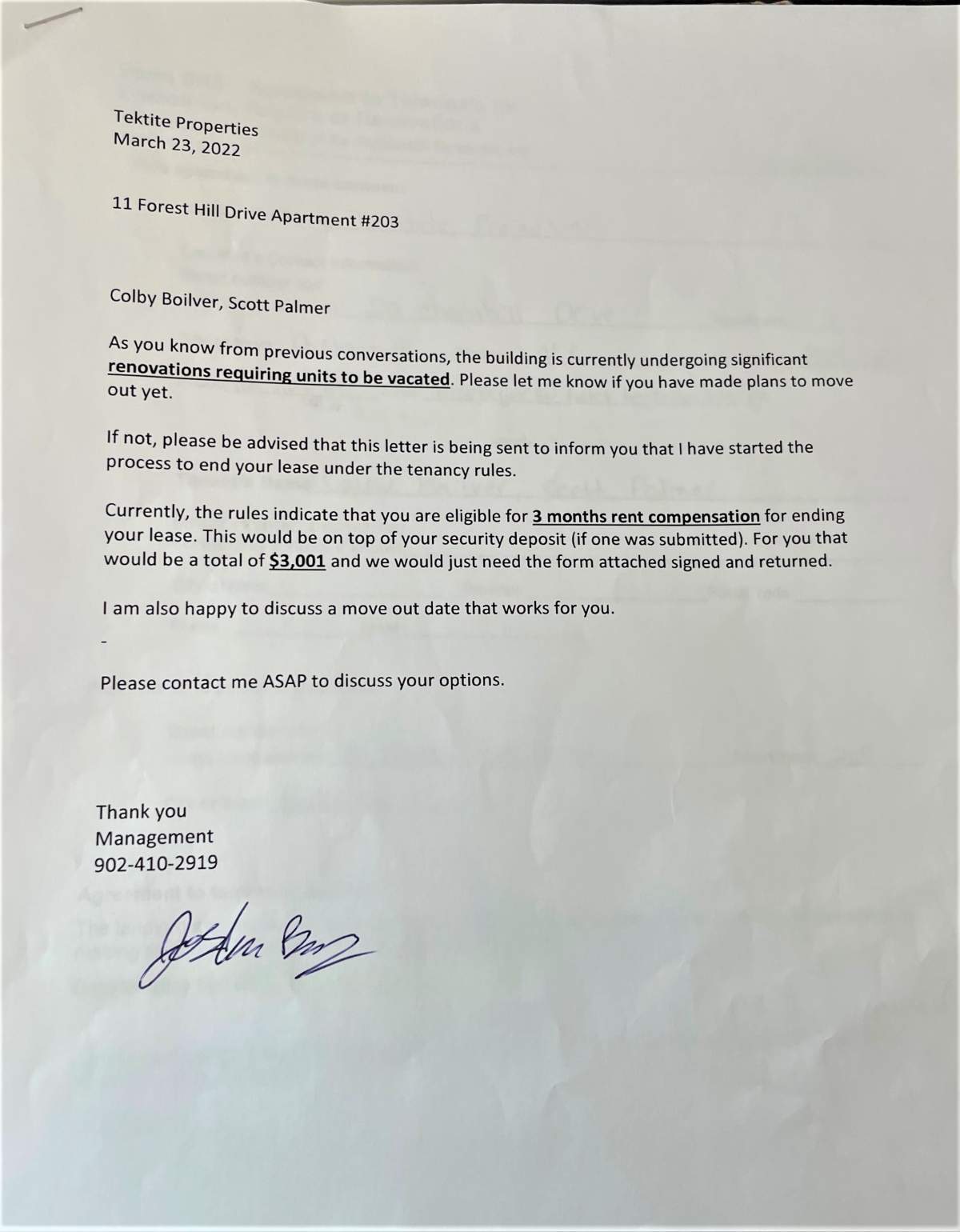 A notice sent two days after the ban on renovictions was lifted informed tenants that the process to terminate their lease had begun.
