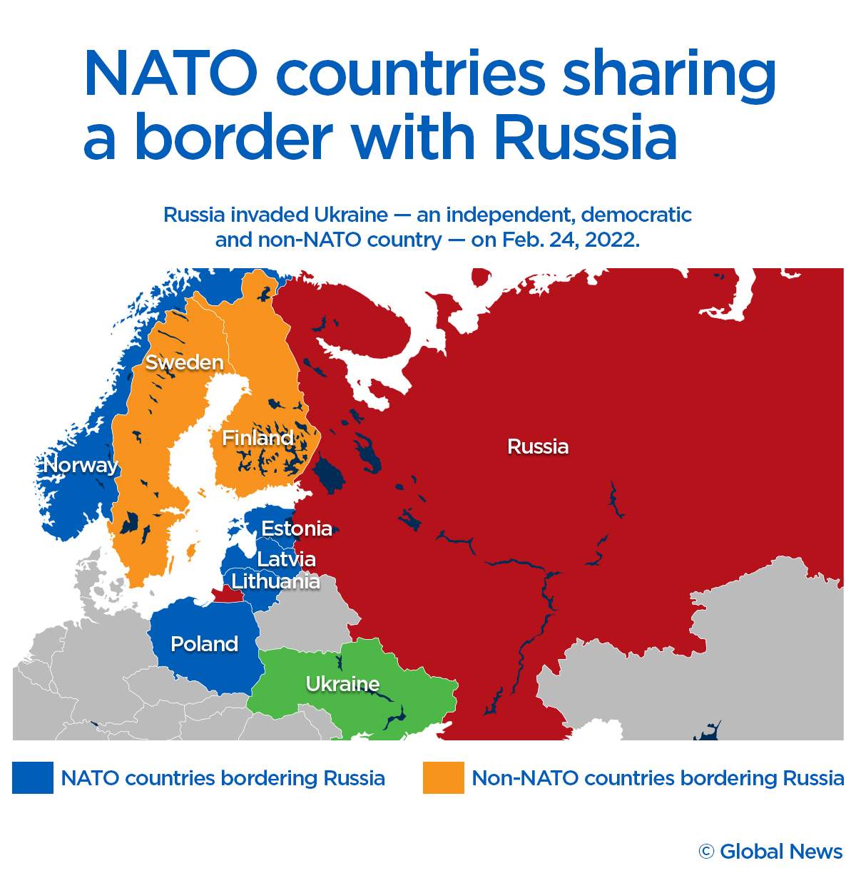 Thirty countries, including Canada, make up the North Atlantic Treaty Organization (NATO) but some share a border with Russia.