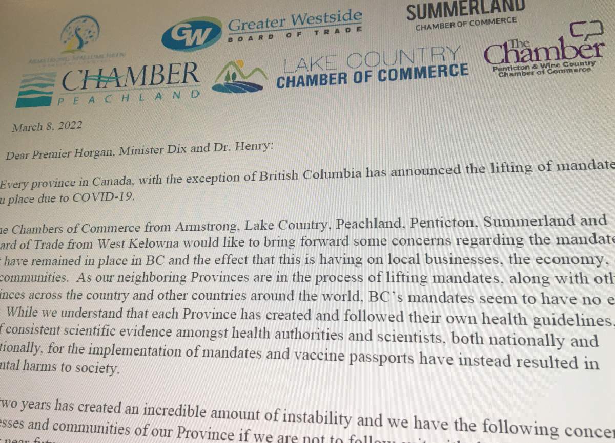 In an open letter to B.C.’s top officials, the letter says there are real concerns if the restrictions aren’t lifted in the near future.